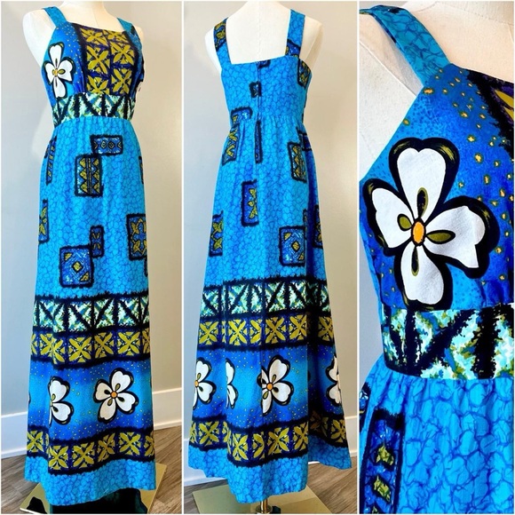 Vintage 1970s Hawaiian Barkcloth Dress Flower Power Size Large - Picture 1 of 8